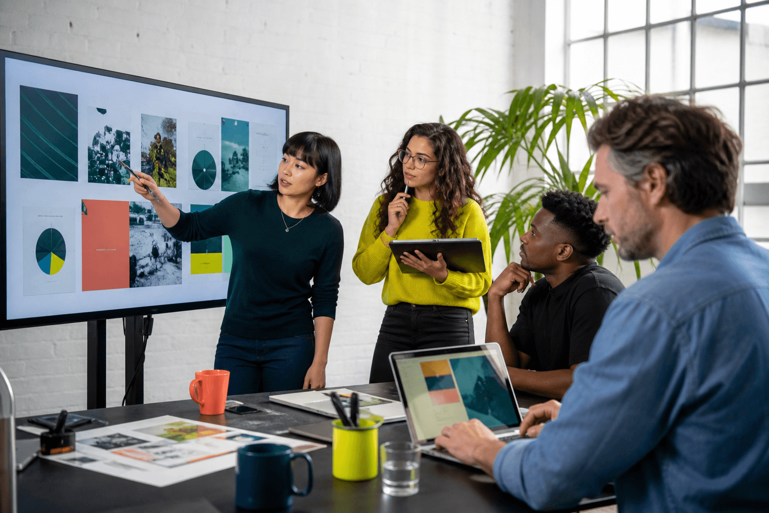 Marketing agency team collaborating around a campaign